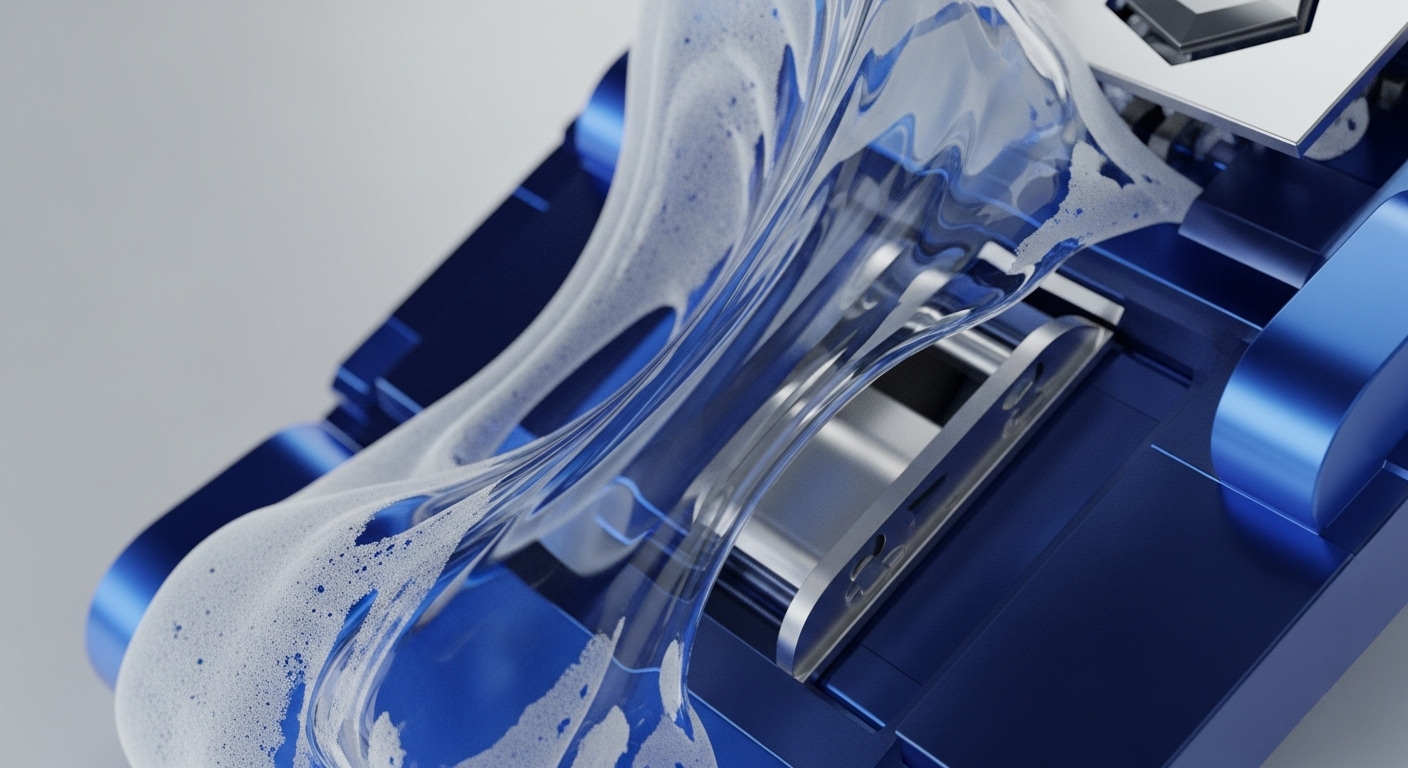 The image presents a transparent, bubbly liquid flowing over and around a metallic blue, geometrically structured platform with reflective silver components. This abstract visualization captures the complex interplay between dynamic data streams and a foundational digital infrastructure