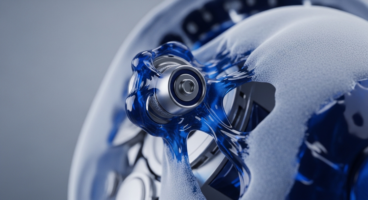 A close-up view reveals an intricately designed metallic mechanism, featuring a central cylindrical component surrounded by structured metallic elements. A glossy, deep blue liquid flows around and adheres to parts of this mechanism, while a textured, frothy white substance covers other sections, creating a dynamic visual contrast