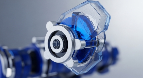 A close-up view presents a sophisticated metallic mechanism, featuring a central circular component with nested rings. Attached prominently is a multi-faceted, clear blue, ice-like structure, reflecting light. This intricate design conceptually embodies a cryptographic primitive within a Distributed Ledger Technology DLT framework. The precise engineering suggests a node validation unit executing a consensus mechanism, ensuring immutability of data. The blurred background hints at a broader protocol architecture, signifying complex smart contract execution within a blockchain network.