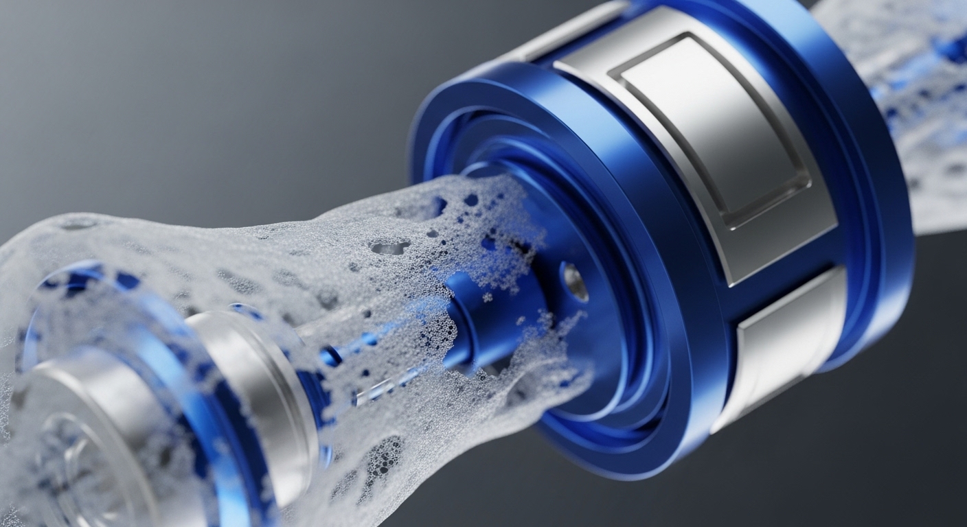 The image displays a detailed, close-up perspective of a blue and silver mechanical component. A foamy, semi-transparent substance actively moves through its internal structure, highlighting intricate design elements