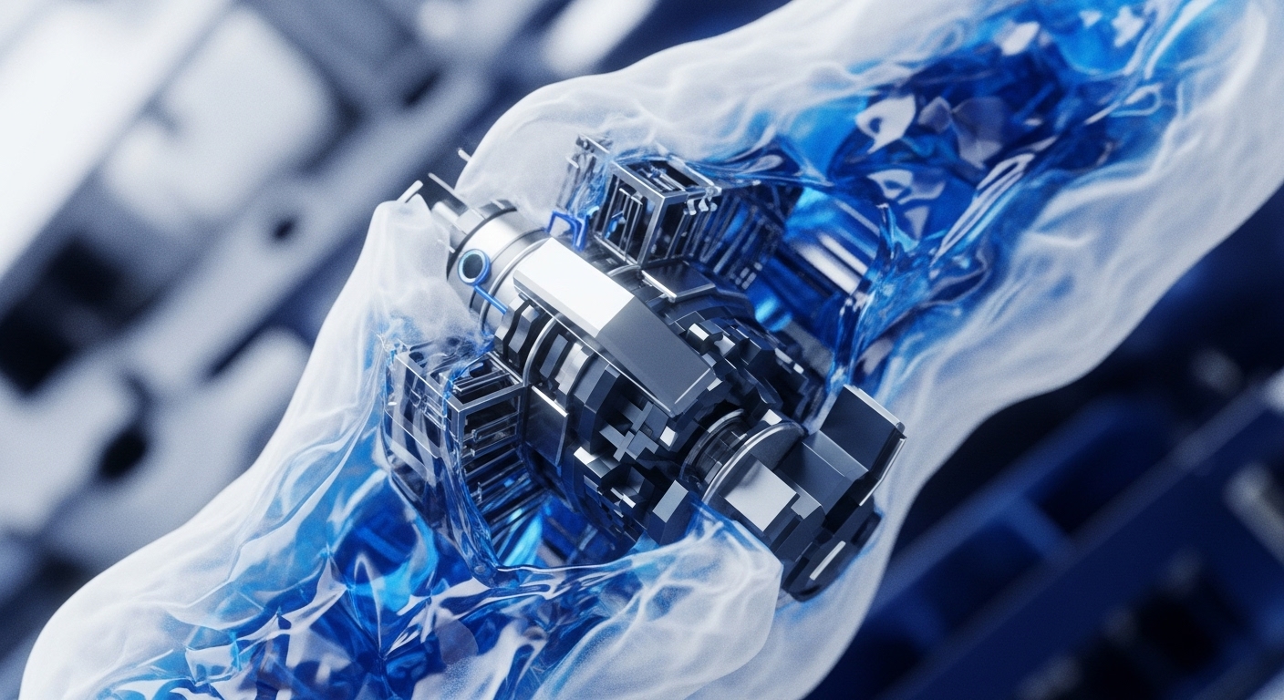 A high-resolution view captures a sophisticated metallic device, intricately designed, suspended within a translucent, fluid-filled channel. Bright blue liquid circulates around the central mechanism, creating a dynamic sense of operational flow