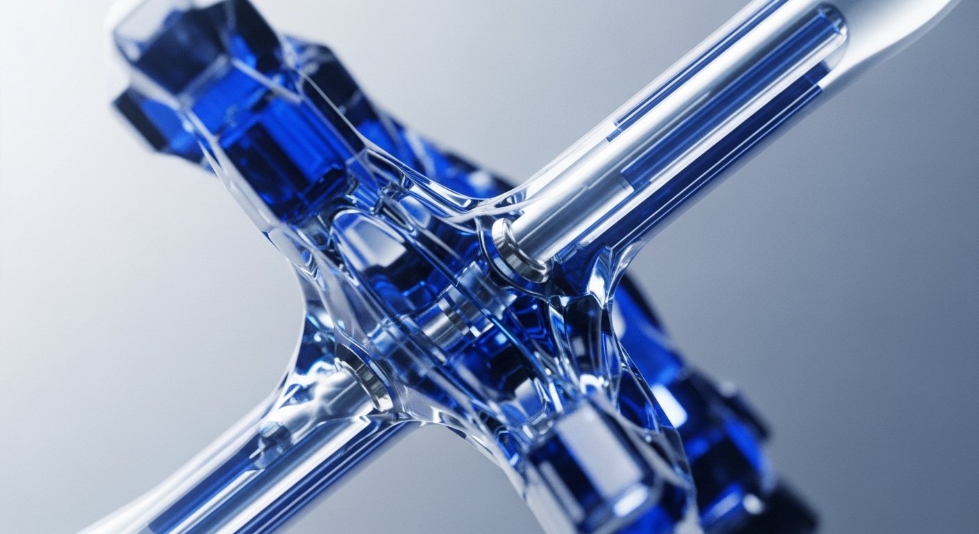 The image showcases a detailed abstract structure of transparent blue and metallic silver components. Clear tubular elements intersect, revealing internal mechanisms and connections
