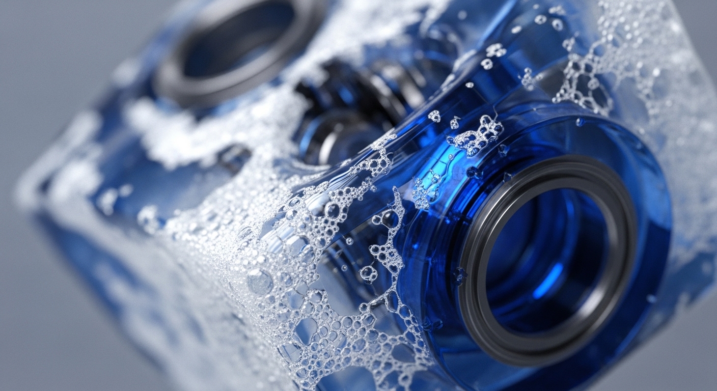 A close-up view reveals a transparent blue module, resembling a core blockchain protocol component, interacting with a bubbly, agitated liquid. Its visible internal mechanisms suggest an active transaction execution engine, while metallic rings could represent critical staking pool gateways or oracle network feeds