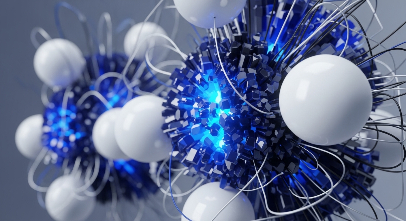 The image displays an abstract arrangement of white spheres, glowing blue crystalline structures, and numerous connecting wires against a muted background. Multiple interconnected formations are visible, with varying levels of focus