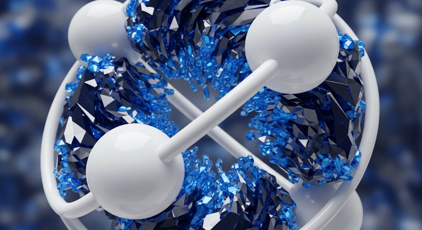 A 3D abstract visualization features white spherical nodes linked by smooth white rods, forming a complex, intertwined structure. This framework cradles and is surrounded by a multitude of sharp, crystalline blue fragments