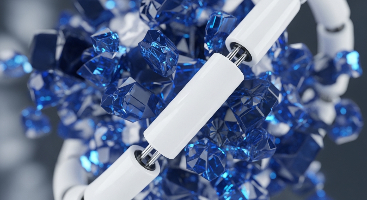 A striking visual presents a white, articulated, robotic-like chain structure navigating through a dynamic array of brilliantly blue, multifaceted gem-like elements. The white segments, revealing metallic pin connections, represent a robust blockchain protocol facilitating secure data flow