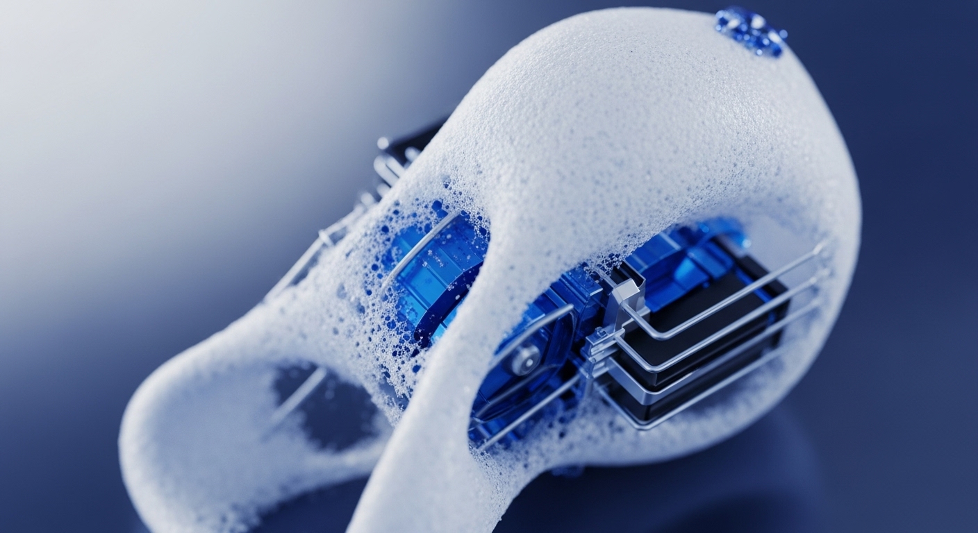 A close-up reveals an advanced mechanical apparatus, featuring vibrant blue and stark black internal components, partially submerged in a dense, white foamy material. The metallic framework encasing the blue elements suggests a robust, engineered system in active operation
