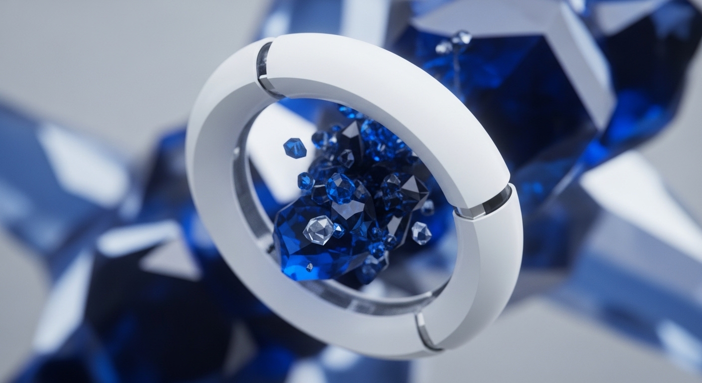 A prominent white segmented ring frames a vibrant cluster of deep blue and clear faceted gem-like objects. Numerous additional blue crystalline structures are blurred in the background, creating a sense of depth and an expansive, interconnected environment