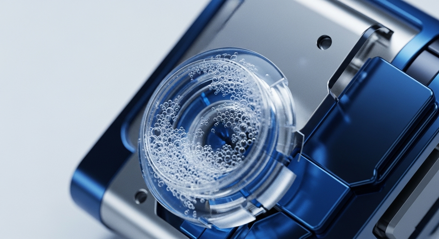 The image displays a detailed, angled view of a high-tech device, predominantly in deep blue and metallic silver. A central, transparent circular module contains numerous small, clear bubbles in a swirling pattern, embedded within the device's robust housing