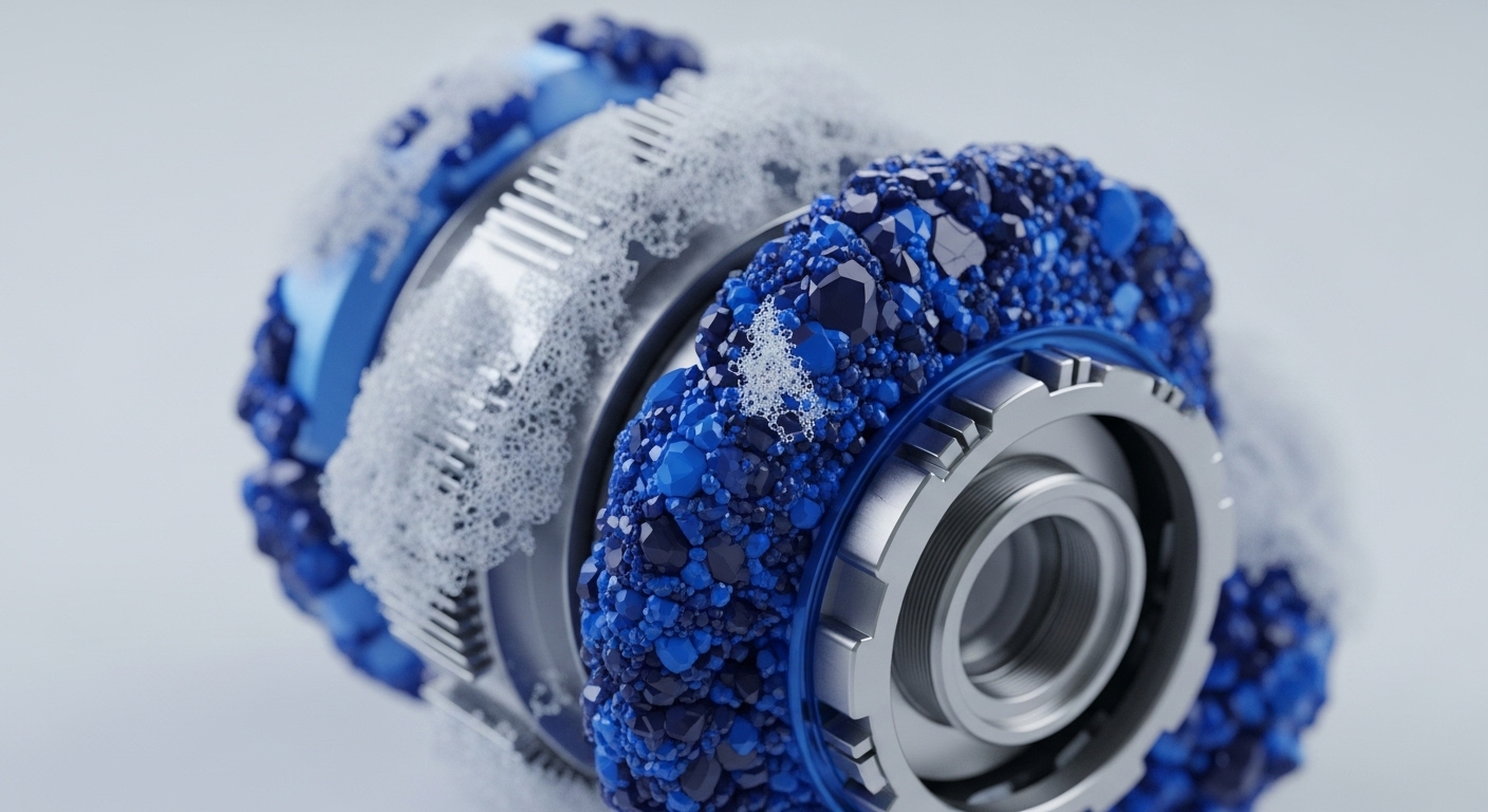 A detailed view presents a complex metallic cylindrical component, adorned with bands of vibrant blue geometric crystals and a textured white, porous substance. The metallic elements showcase precision engineering, while the crystalline and frothy textures add a dynamic, abstract quality to the structure