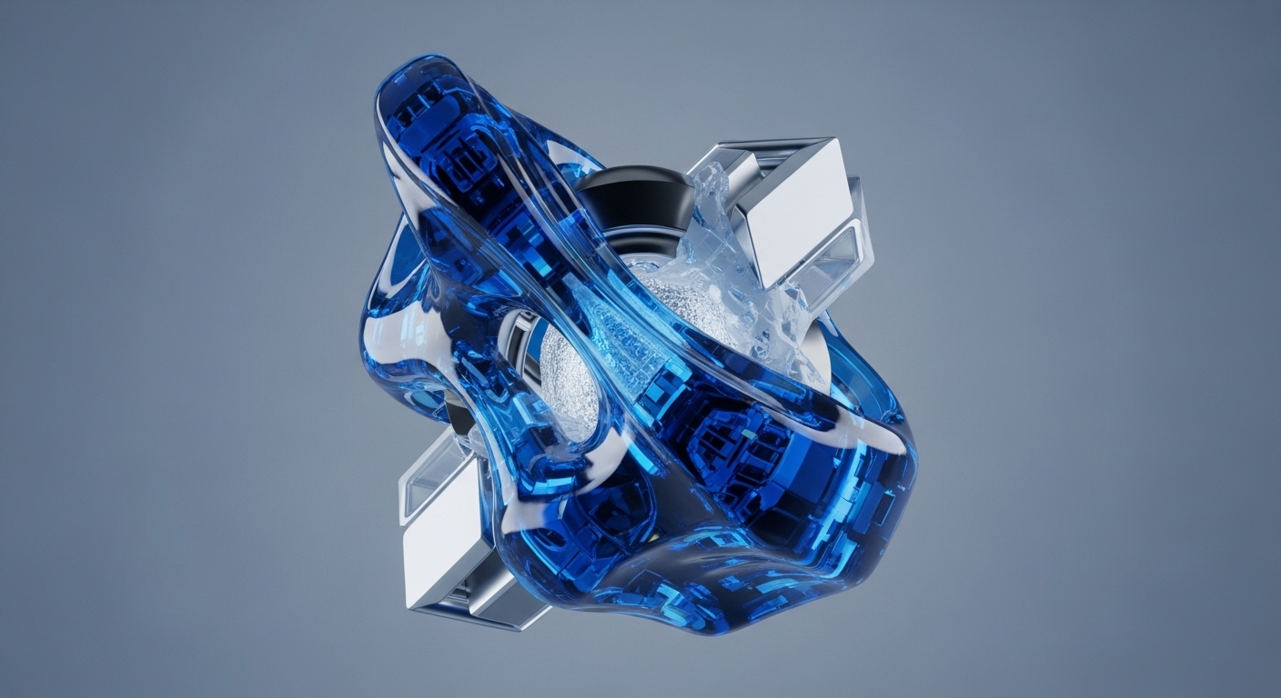 A futuristic, abstract composition features a luminous, translucent blue mass with internal patterns resembling intricate circuitry, intertwined with rigid, silver-toned geometric frameworks. At its heart, a dark, central element is enveloped by a shimmering, granular substance, all suspended against a soft grey backdrop
