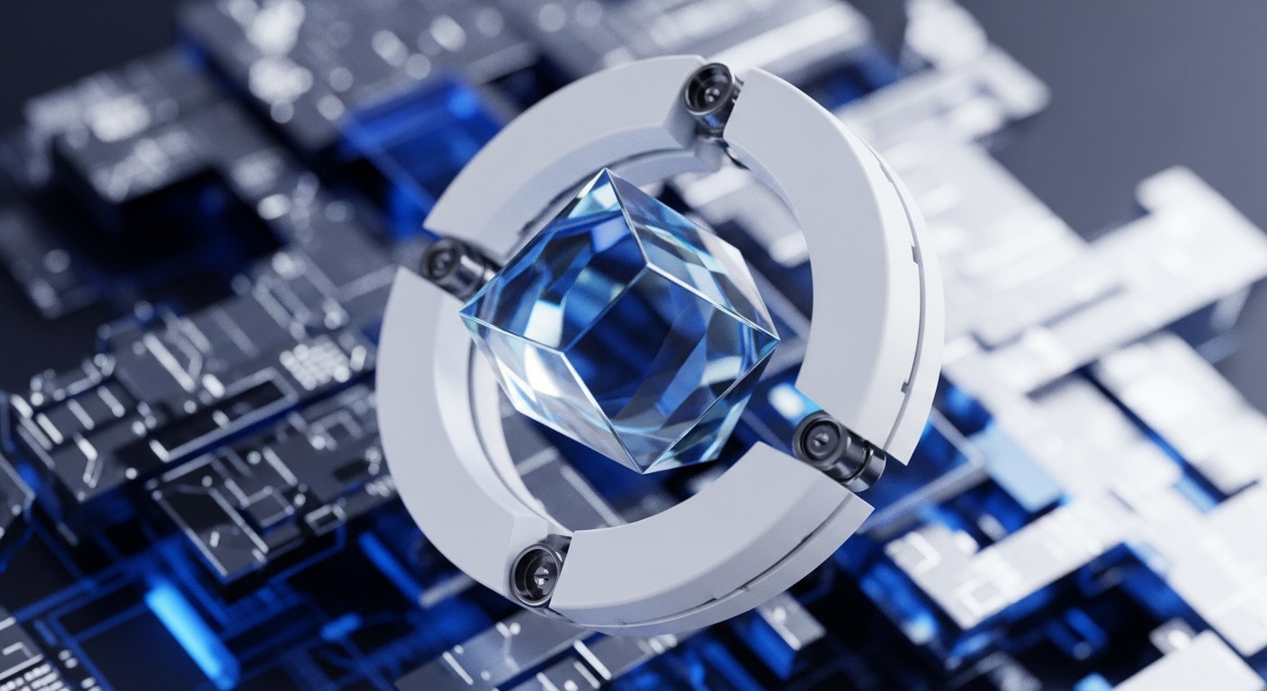A luminous blue crystalline cube, embodying a secure digital asset or private key, is held by a sophisticated white circular apparatus with metallic connectors. The background reveals a detailed, out-of-focus technological substrate resembling a complex circuit board, illuminated by vibrant blue light, symbolizing a sophisticated network