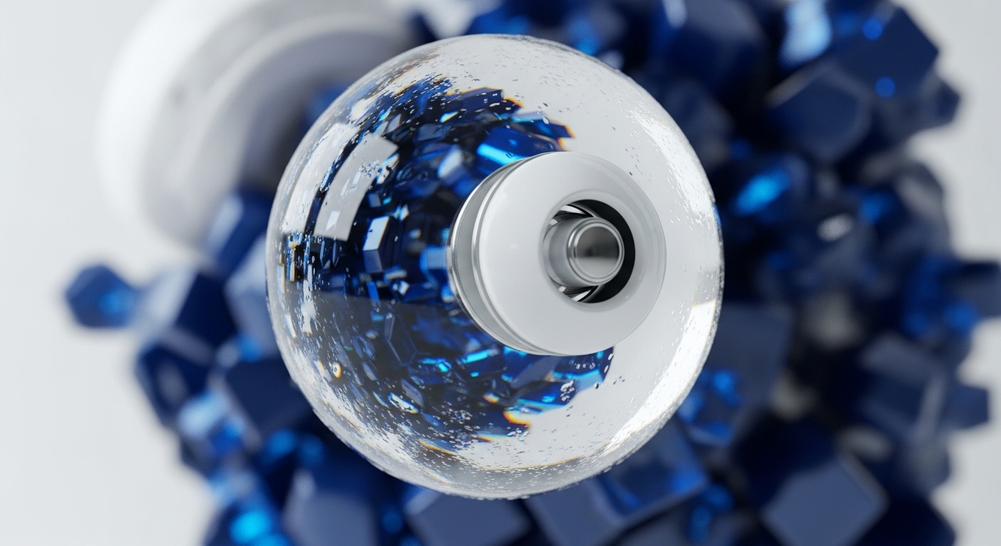 A clear sphere encases fragmented blue crystalline structures and a metallic element, suspended over a scattering of similar blue shards. This imagery abstractly depicts the concept of data encapsulation within a blockchain, emphasizing the secure storage and immutability of digital assets
