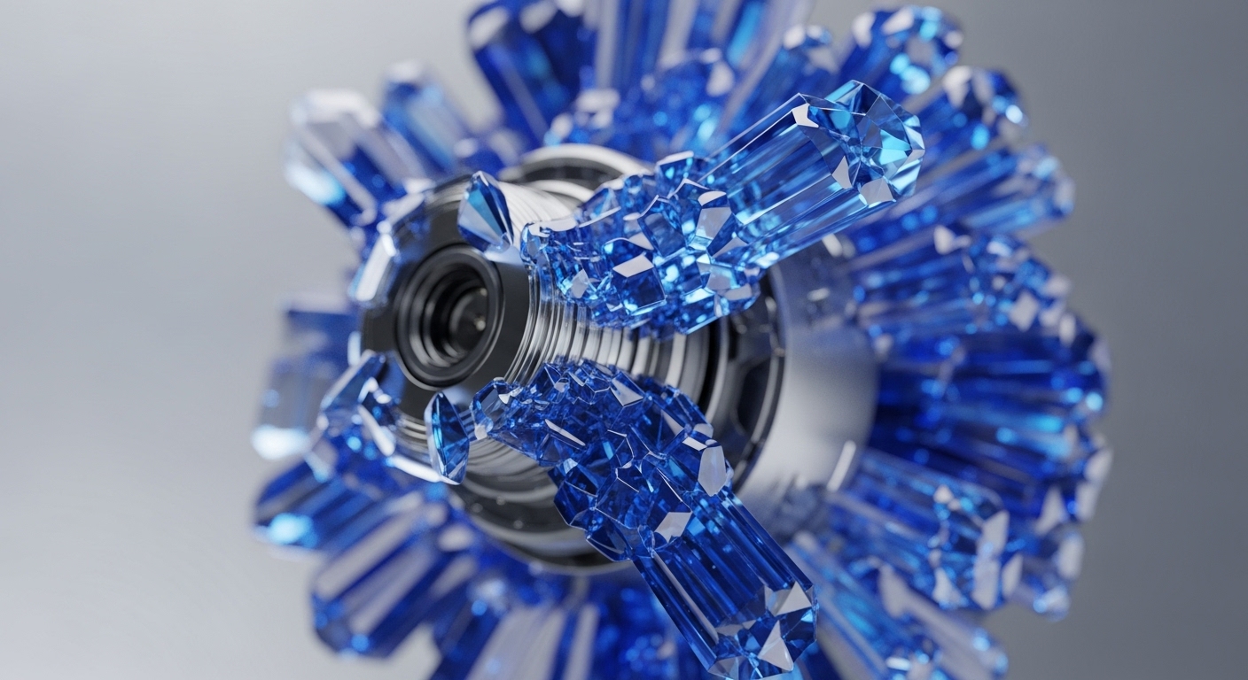 A central metallic core, resembling an advanced engine or computational unit, is surrounded by an intricate array of radiant blue crystalline structures. These faceted elements, varying in size and density, extend outwards, suggesting a dynamic and complex system
