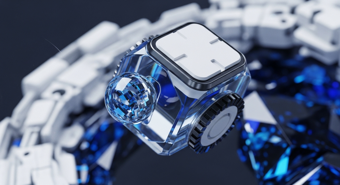 A luminous, geometric object resembling a cut diamond with a white digital interface and a ribbed edge floats against a dark, abstract background. This visual metaphor embodies the sophisticated mechanics of crypto asset securitization and the underlying blockchain infrastructure
