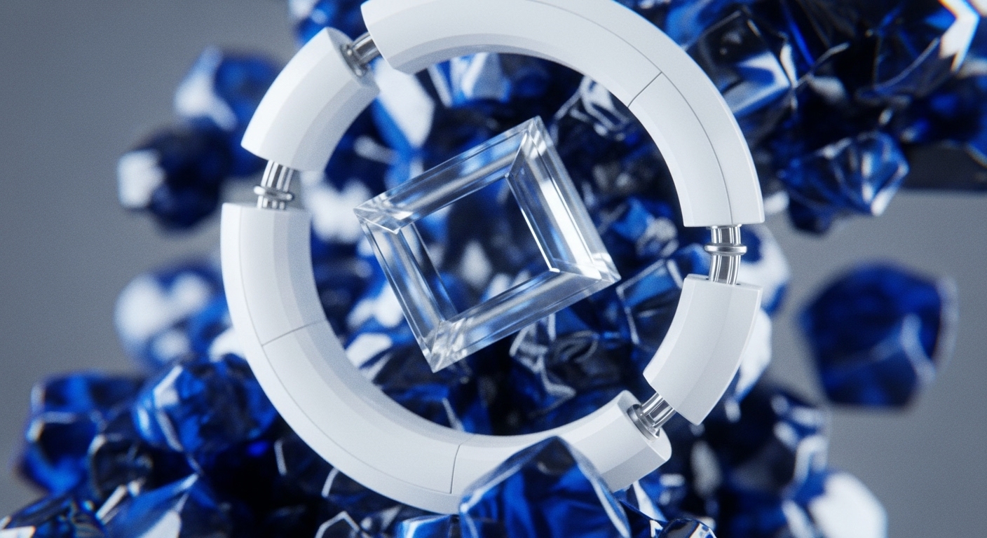 A luminous, square-cut gem rests at the nexus of a segmented white ring, surrounded by a dynamic array of sharp, sapphire-blue crystals. This composition illustrates the core principles of blockchain technology, particularly the secure tokenization of digital value