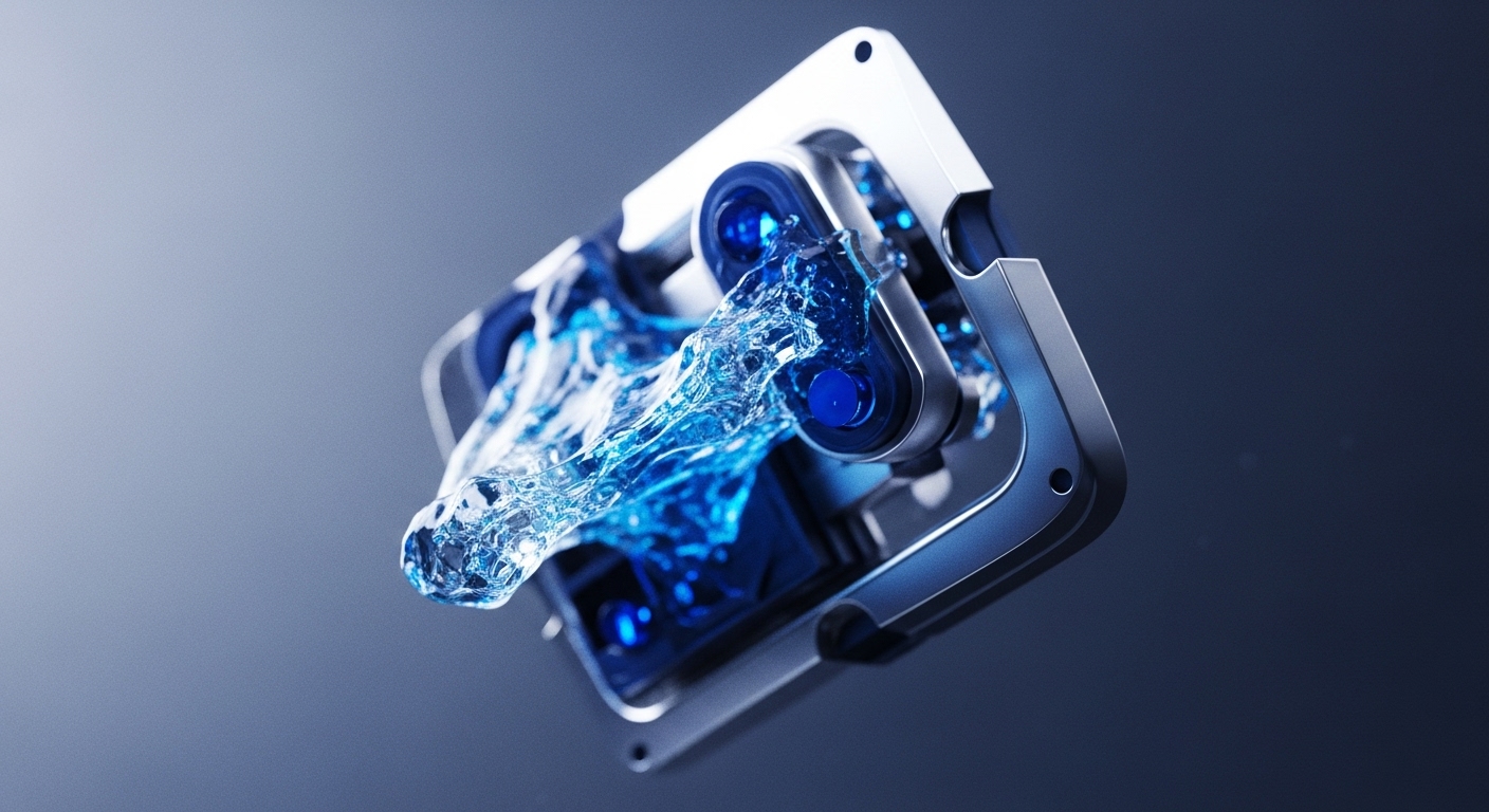 A futuristic metallic apparatus with embedded blue light accents showcases a vigorous stream of luminous blue liquid. The liquid dynamically interacts with the internal components, appearing to be channeled and propelled through the sophisticated structure