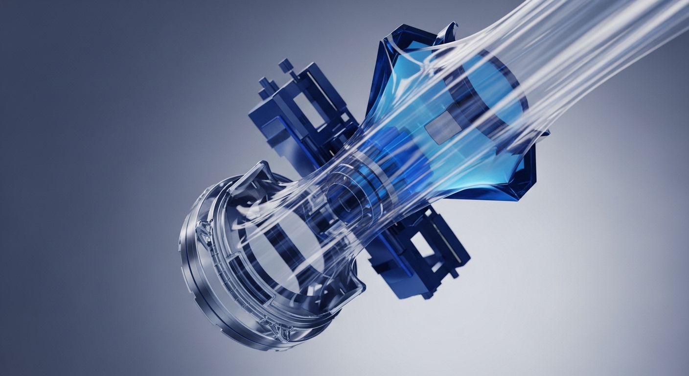A dynamic, abstract render depicts a complex mechanical system featuring translucent channels interwoven with solid blue structural components, suggesting an advanced data processing unit. Streaks of light within the transparent elements illustrate a rapid, high-throughput flow