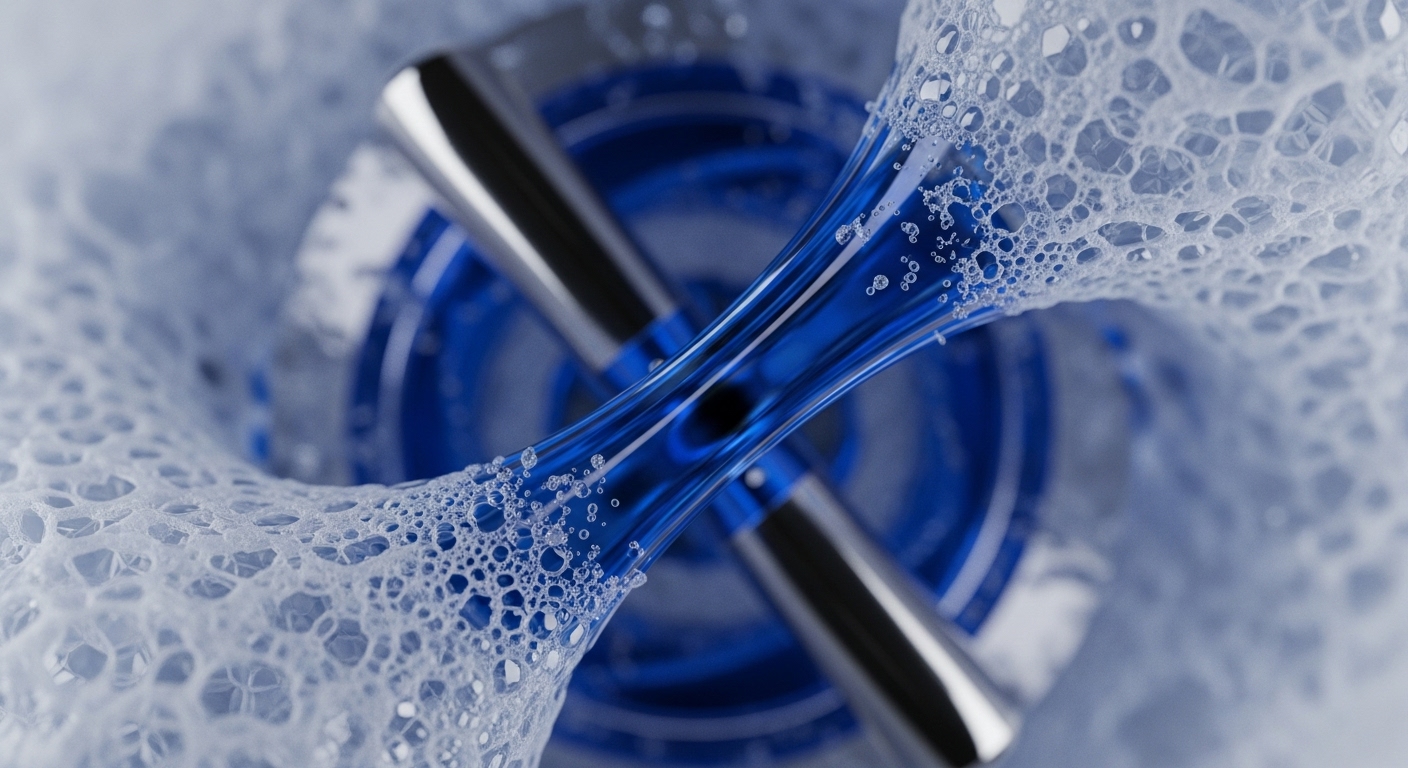 A dynamic visual composition features a brilliant blue liquid flowing intensely through two sleek, polished metallic shafts, forming a central constricted vortex. This core process is enveloped by a voluminous, intricate network of white foam, rich with interconnected bubbles