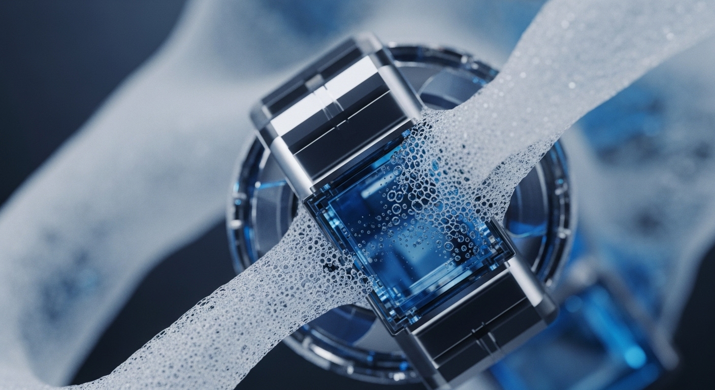 A futuristic, chrome-plated processing unit, featuring glowing blue internal components, is traversed by a thick, white, bubbly stream. The intricate design highlights advanced engineering and fluid dynamics, with the translucent blue sections suggesting energy or data flow within the system