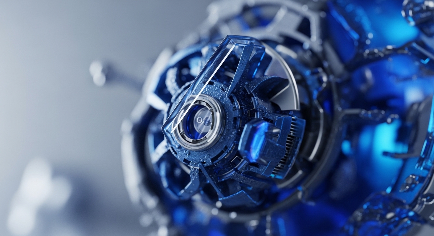 This detailed close-up showcases a highly intricate, futuristic blue and silver mechanical device, featuring a central optical element encircled by complex, angular components. The object's metallic and translucent structures are illuminated by vibrant blue light, highlighting its sophisticated engineering and potential for advanced data processing