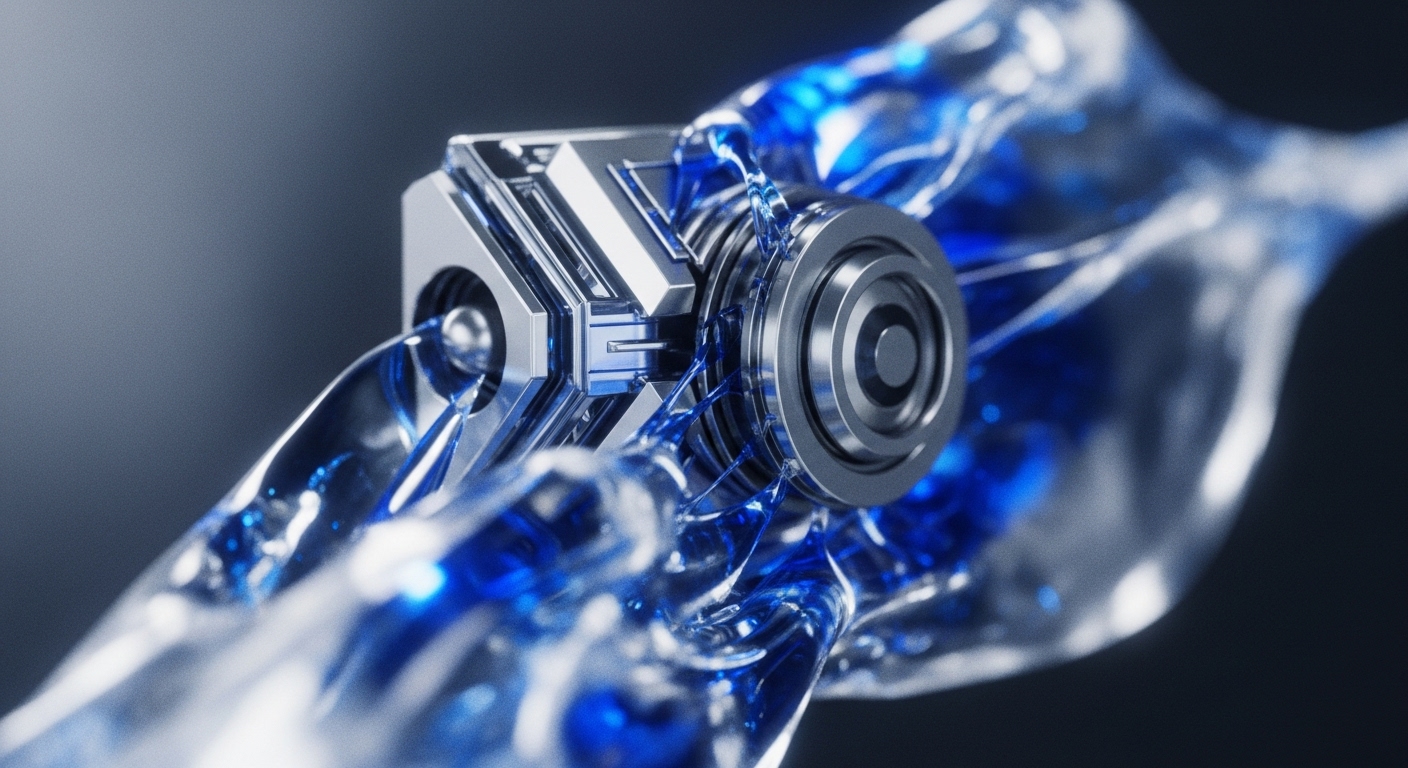 A sophisticated metallic mechanism, resembling a high-performance processor, is encased and interwoven with a dynamic, translucent blue fluid. The intricate design of the core component highlights its advanced engineering, while the vibrant blue liquid suggests active energy or data flow
