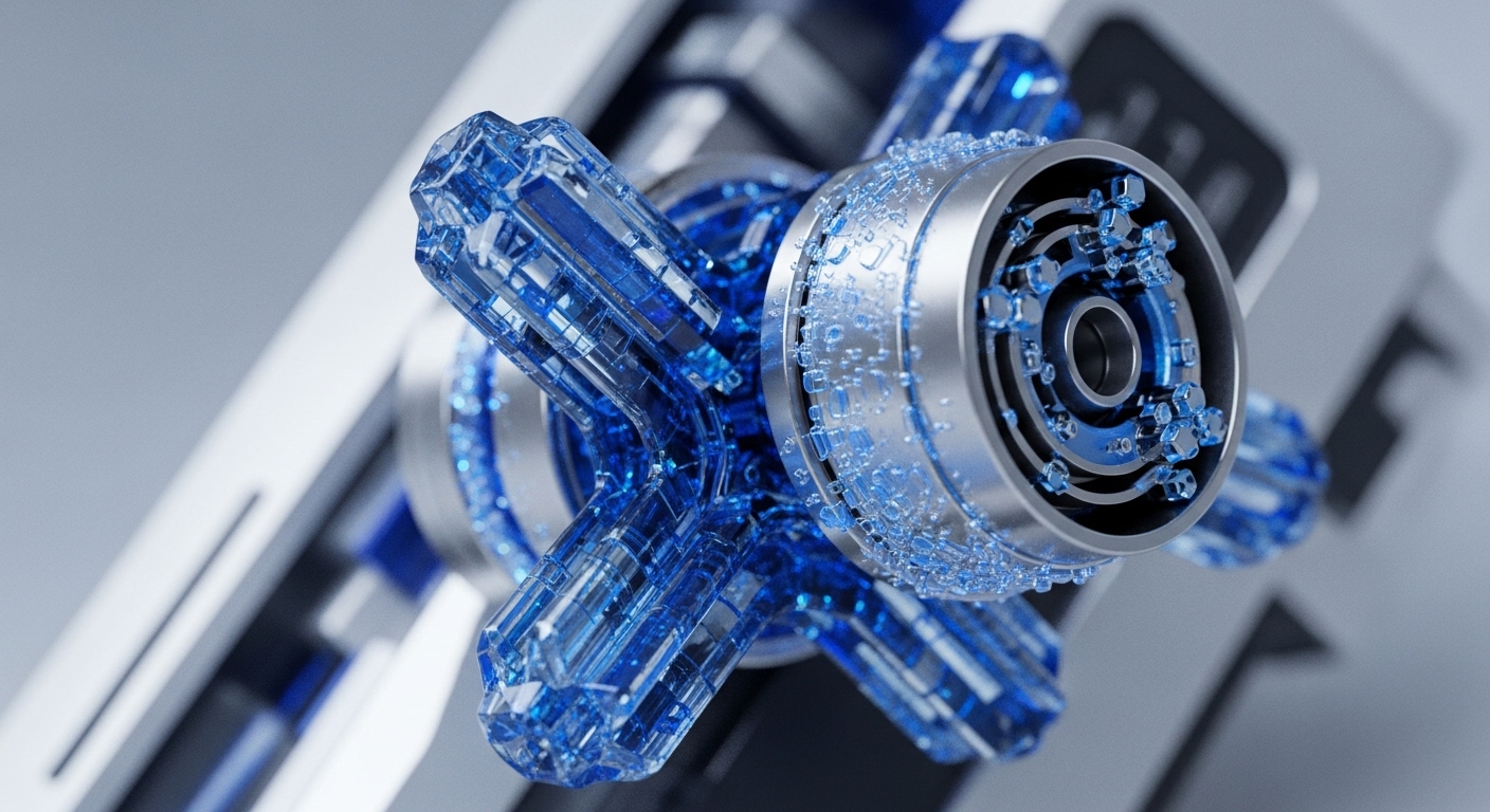 A futuristic, close-up perspective reveals a complex mechanism featuring translucent blue crystalline arms interlocked around a metallic central cylinder. The cylinder's surface and interior display intricate patterns, embedded with glowing blue cubic particles, highlighting dynamic internal processes