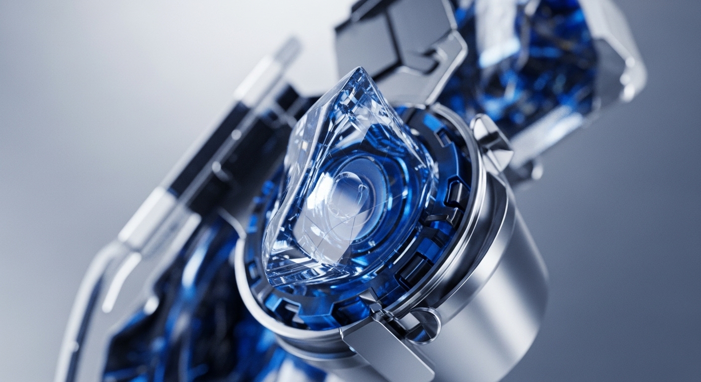 A close-up shot captures a sophisticated, futuristic device showcasing a central, clear crystalline structure with vibrant blue internal mechanisms. Polished silver and dark metallic components form the robust casing and surrounding architecture