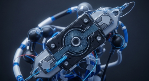 A futuristic, dark-toned mechanical apparatus dominates the frame, centered on a black rectangular module featuring a prominent blue circuit pattern. This intricate design, resembling concentric rings and radial traces, suggests a core cryptographic engine or transaction processor. Surrounding silver and black components, interconnected by vibrant blue and subtle red cabling, imply a robust decentralized network node. The modular construction hints at Web3 infrastructure designed for high-throughput block propagation and ensuring data integrity within a distributed ledger environment.