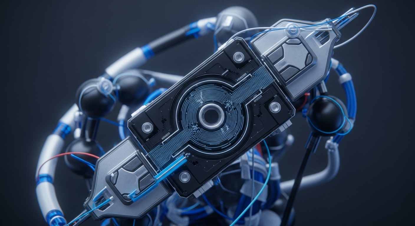 A detailed close-up reveals a complex, dark-toned mechanical or electronic device, showcasing intricate components and cabling. The central element is a black rectangular module adorned with a glowing blue circuit board pattern, featuring concentric circles and linear traces
