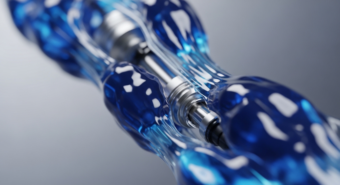 The image presents a close-up, angled view of a polished metallic cylindrical component, intricately encased within a shimmering, translucent blue fluid. This fluid exhibits undulating forms and bright reflections, creating a sense of dynamic motion around the static, segmented core