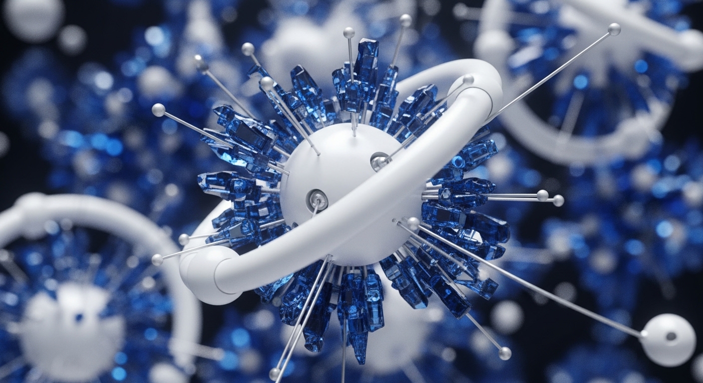 The foreground showcases a prominent white spherical structure surrounded by numerous translucent blue crystalline forms, each resembling a distinct validator node within a distributed network. These blue components are affixed by slender metallic rods, some extending with small silver spheres, emphasizing intricate on-chain governance mechanisms and cross-chain interoperability