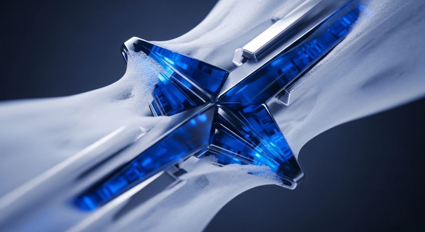 A sleek, metallic, star-shaped object with glowing blue, translucent segments is central, partially enveloped by a flowing white, foamy substance. The blue elements suggest active data streams, embodying a validator node within a distributed ledger technology DLT network. The intricate structure highlights cryptographic security and the robustness required for consensus mechanism operations. This visual metaphor illustrates the dynamic interaction between protocol integrity and transaction finality in a decentralized ecosystem.