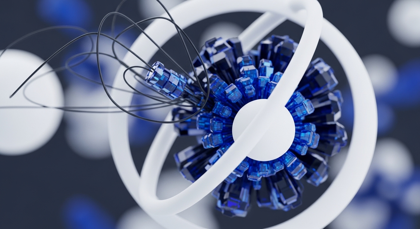 A vibrant abstract depiction features a central sphere composed of numerous small, faceted, translucent blue blocks. This intricate blue core is encircled by two smooth, matte white, intertwining rings, with several thin, dark strands extending outwards