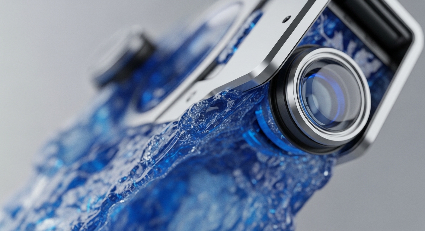 A sleek, silver-toned device, featuring a prominent optical lens, is partially immersed in a dynamic, translucent blue substance. This fluid medium, textured with intricate patterns, flows around the device's metallic frame, creating a visually striking interaction