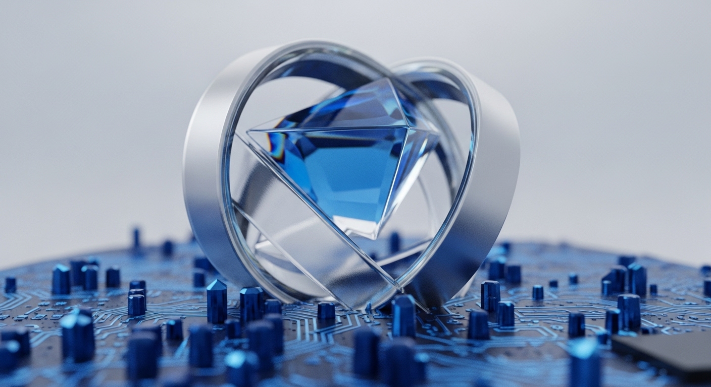 A luminous blue, diamond-shaped crystal is encased by a polished silver loop, symbolizing the core of digital value. This intricate structure is positioned above a vibrant blue circuit board, dotted with small, upright components that suggest technological nodes