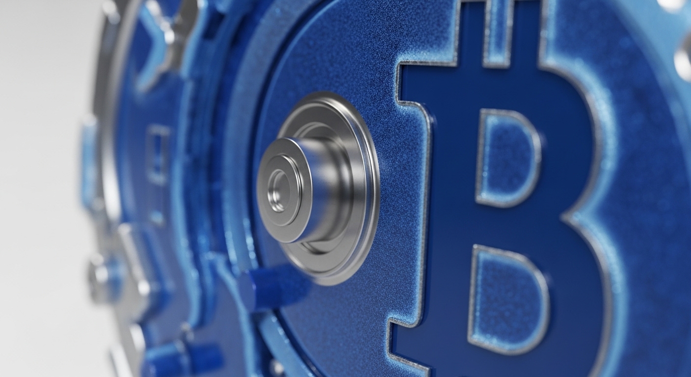 The image showcases a detailed metallic blue structure embossed with the Bitcoin logo, centered around a silver mechanical component. This abstract representation delves into the intricate workings of the Bitcoin network, hinting at the sophisticated protocols and consensus mechanisms that ensure its integrity