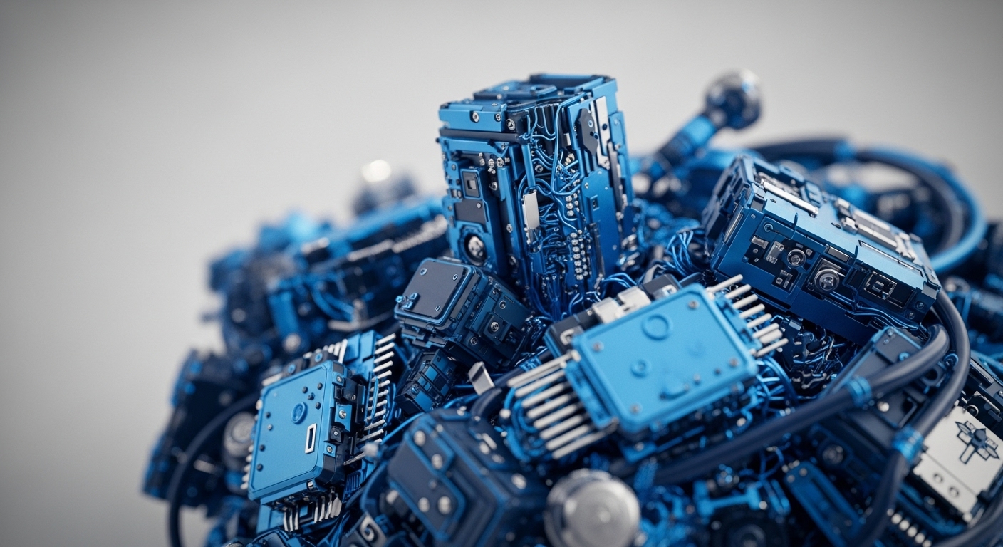 The image displays a detailed, close-up perspective of numerous blue electronic modules and an extensive network of connecting wires and cables. These metallic components, varying in size and configuration, are densely packed, creating an impression of intricate digital machinery against a soft, blurred background