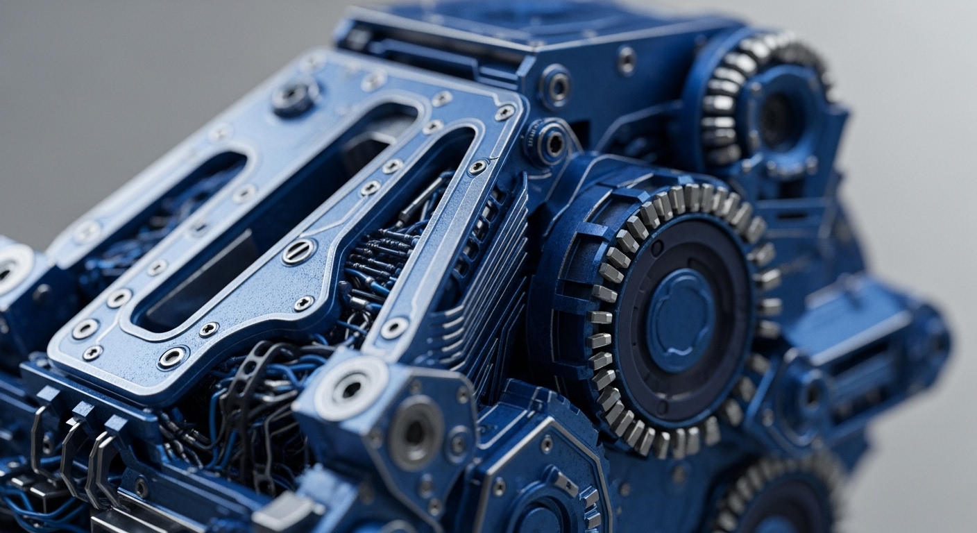 This detailed image captures an intricate blue mechanical assembly, featuring interlocking plates, visible wiring, and gear-like structures. The metallic surfaces are adorned with bolts and a finely textured finish, emphasizing its robust construction