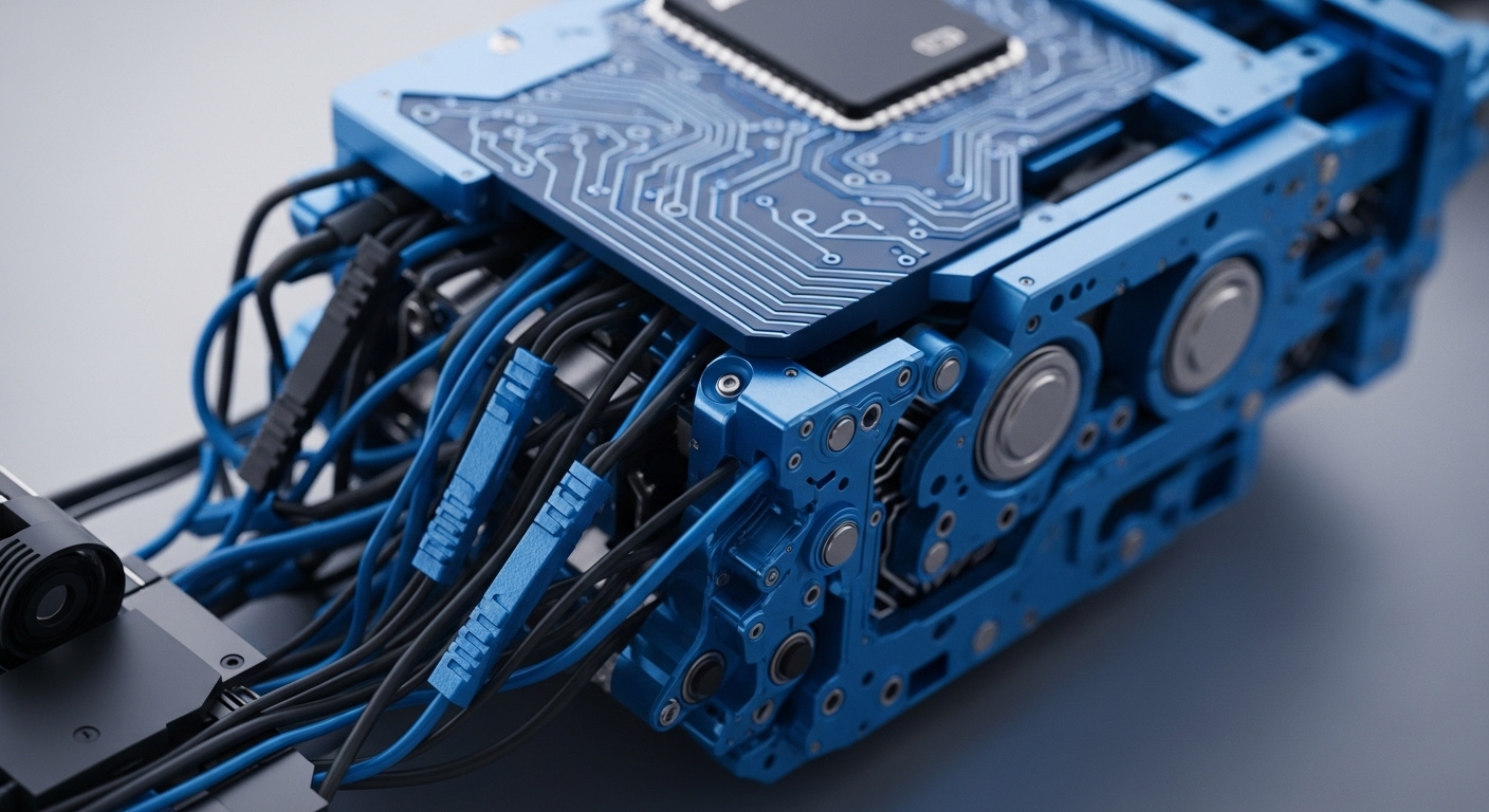 A close-up shot details a complex blue electronic device, featuring a visible circuit board with a central chip and a dense array of black and blue wires connected to its internal structure. The device's robust casing reveals intricate mechanical components and embedded cylindrical elements, suggesting a powerful and self-contained system