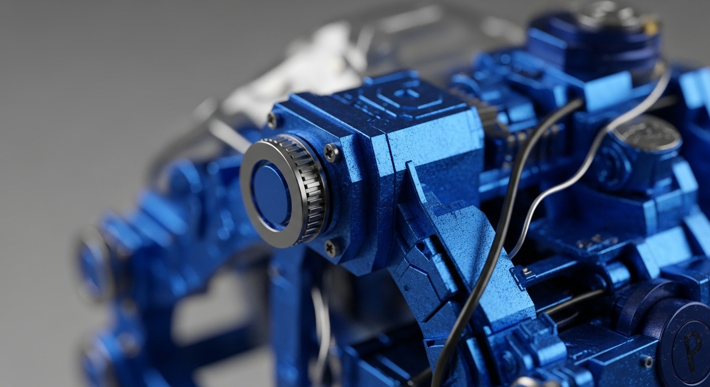 A close-up reveals an intricate, metallic blue mechanical assembly with a textured finish, prominently featuring a central cylindrical component encircled by a knurled silver ring and secured by screws. Thin silver wires weave across various block-like structures, connecting different parts of the mechanism