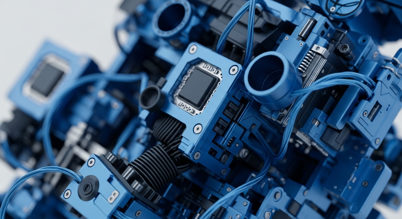 The image showcases a detailed view of a sophisticated, blue-hued technological apparatus, featuring numerous interconnected metallic blocks, conduits, and bright blue electrical wires. A prominent central module with a dark, integrated circuit-like component is secured by visible screws, indicating a core processing unit