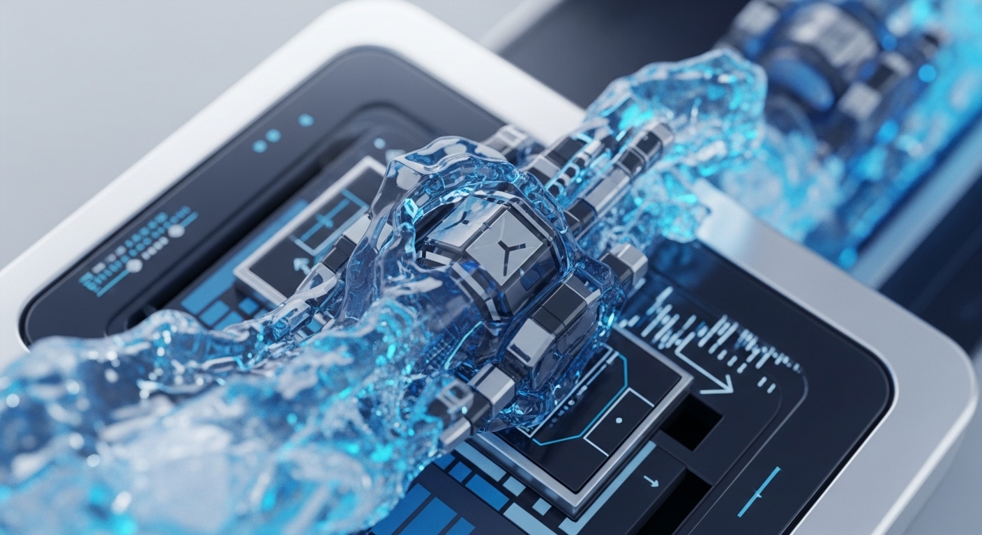 A dynamic, luminous blue stream, indicative of high-speed data flow, traverses a sophisticated, dark metallic interface. Embedded within this fluid stream is a central geometric block, suggesting a core processing unit, crucial for smart contract execution. The underlying interface displays intricate digital readouts and progress indicators, signifying active transaction throughput and block validation. This visual metaphor encapsulates the essence of Distributed Ledger Technology DLT, illustrating the secure and transparent movement of digital assets or cryptographic hash computations across a decentralized network, emphasizing computational integrity and robust consensus algorithm operation.