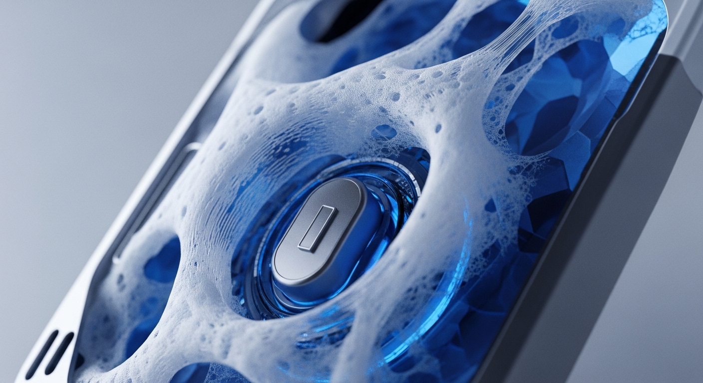 A detailed perspective showcases a sleek, metallic oval component, potentially a validator key or smart contract executor, enveloped by a dynamic, white, frothy texture. This intricate foam-like layer, reminiscent of a proof-of-stake consensus process, partially conceals a brilliant blue, geometrically faceted background, suggesting a secure enclave for data
