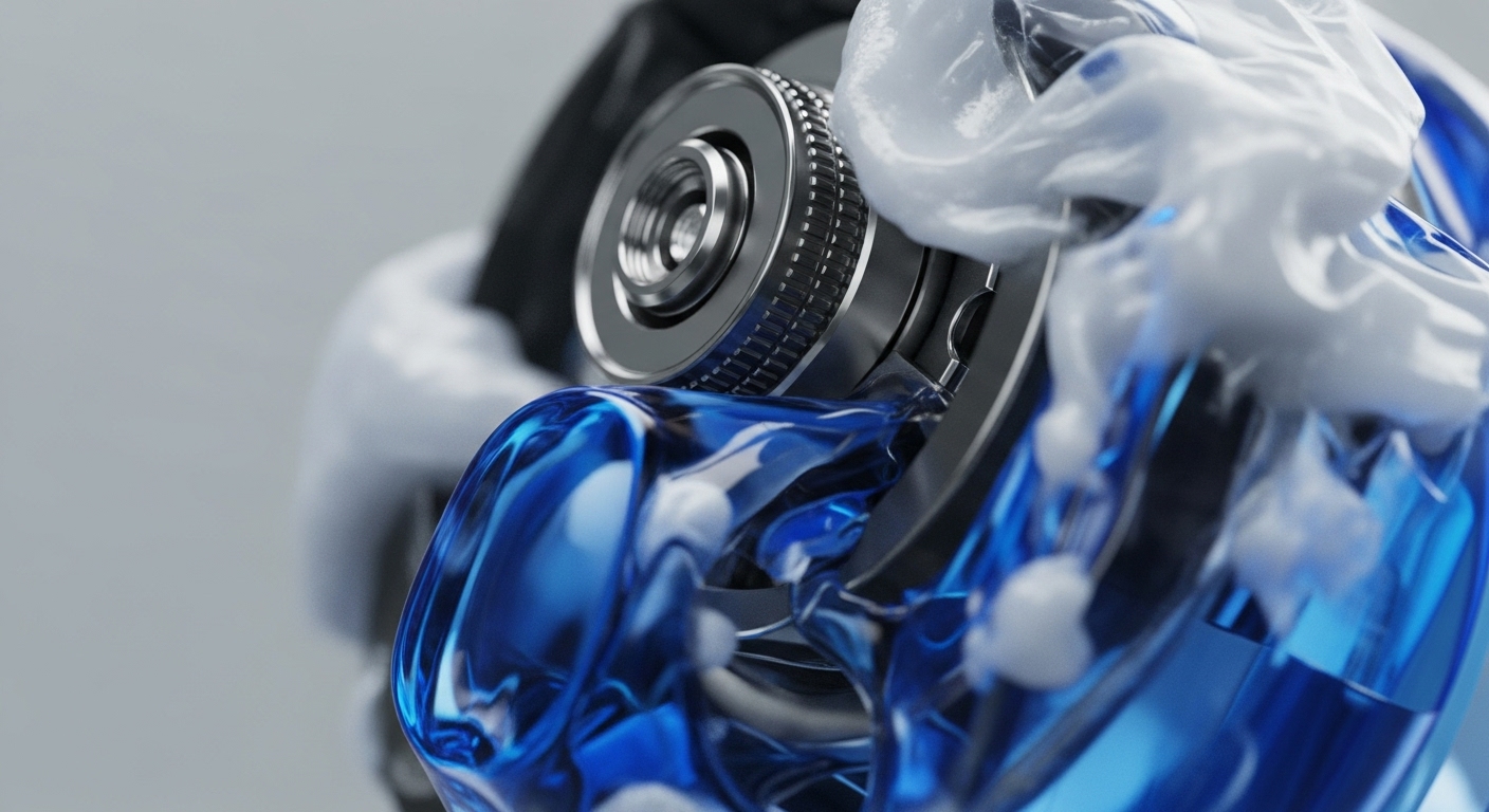 A close-up view reveals a highly detailed metallic mechanism, featuring a central grooved component, surrounded by dynamic blue and white fluid-like substances. The translucent blue fluid appears to encapsulate parts of the mechanism, while the opaque white substance flows alongside it, creating a sense of intricate interaction within a sophisticated system