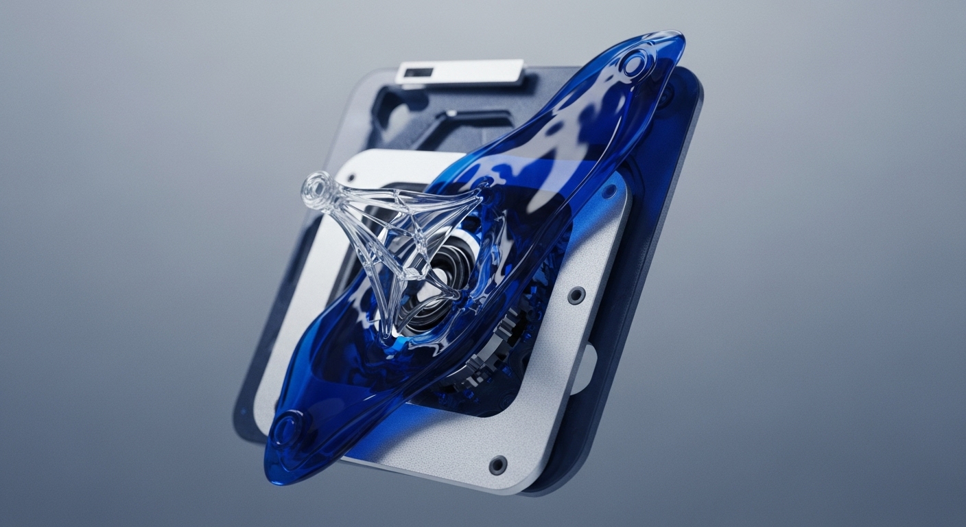 A translucent, deep blue, amorphous flow cascades across a layered metallic framework, with an intricate clear crystalline structure embedded within. The composition features a futuristic, technological aesthetic against a gradient grey background