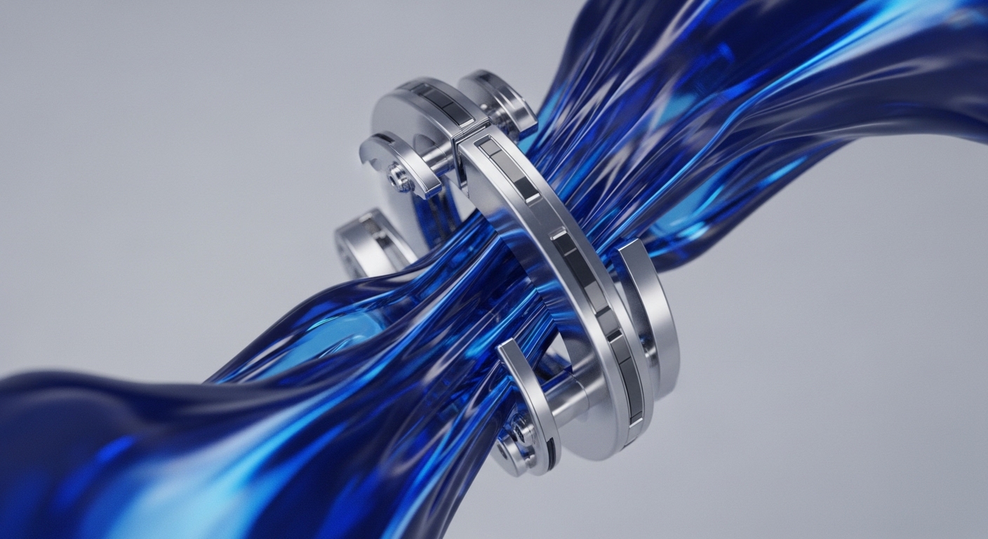 A dynamic blue, translucent stream passes through and around intricate silver metallic structures against a light grey background. The central elements are sharply focused, highlighting the interplay between the fluid movement and the static mechanical framework