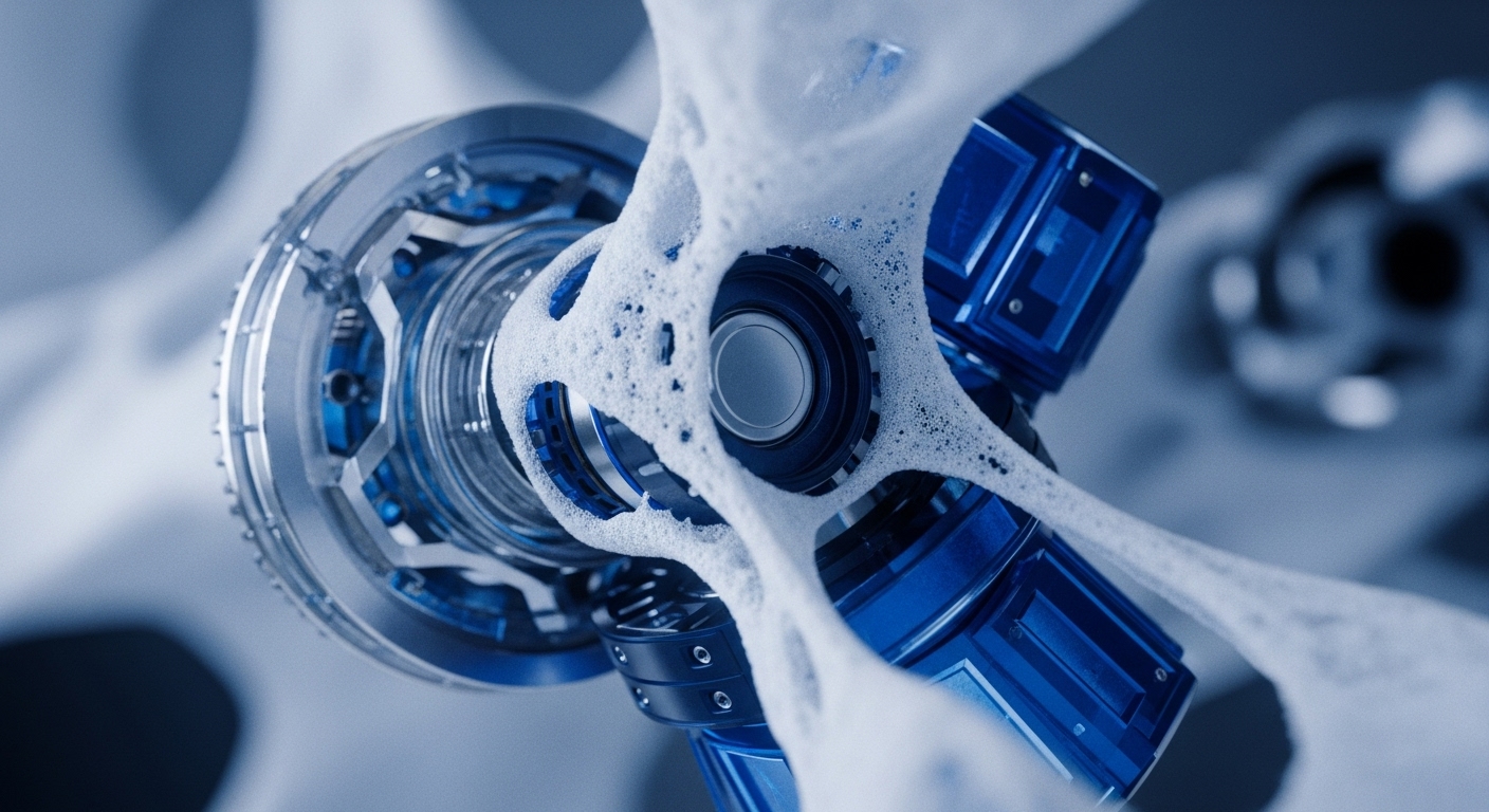 A close-up reveals an intricate, high-precision metallic and azure-blue component, possibly a core element of a validator node or a smart contract execution engine. White, frothy substance, indicative of protocol sanitization or a cleansing process, adheres to its complex gears and interfaces. This visual metaphor highlights the critical ongoing data integrity checks and smart contract auditing essential for maintaining decentralized ledger technology DLT hygiene. The meticulous process ensures robust network resilience and optimal performance of cryptographic primitives within a blockchain ecosystem.
