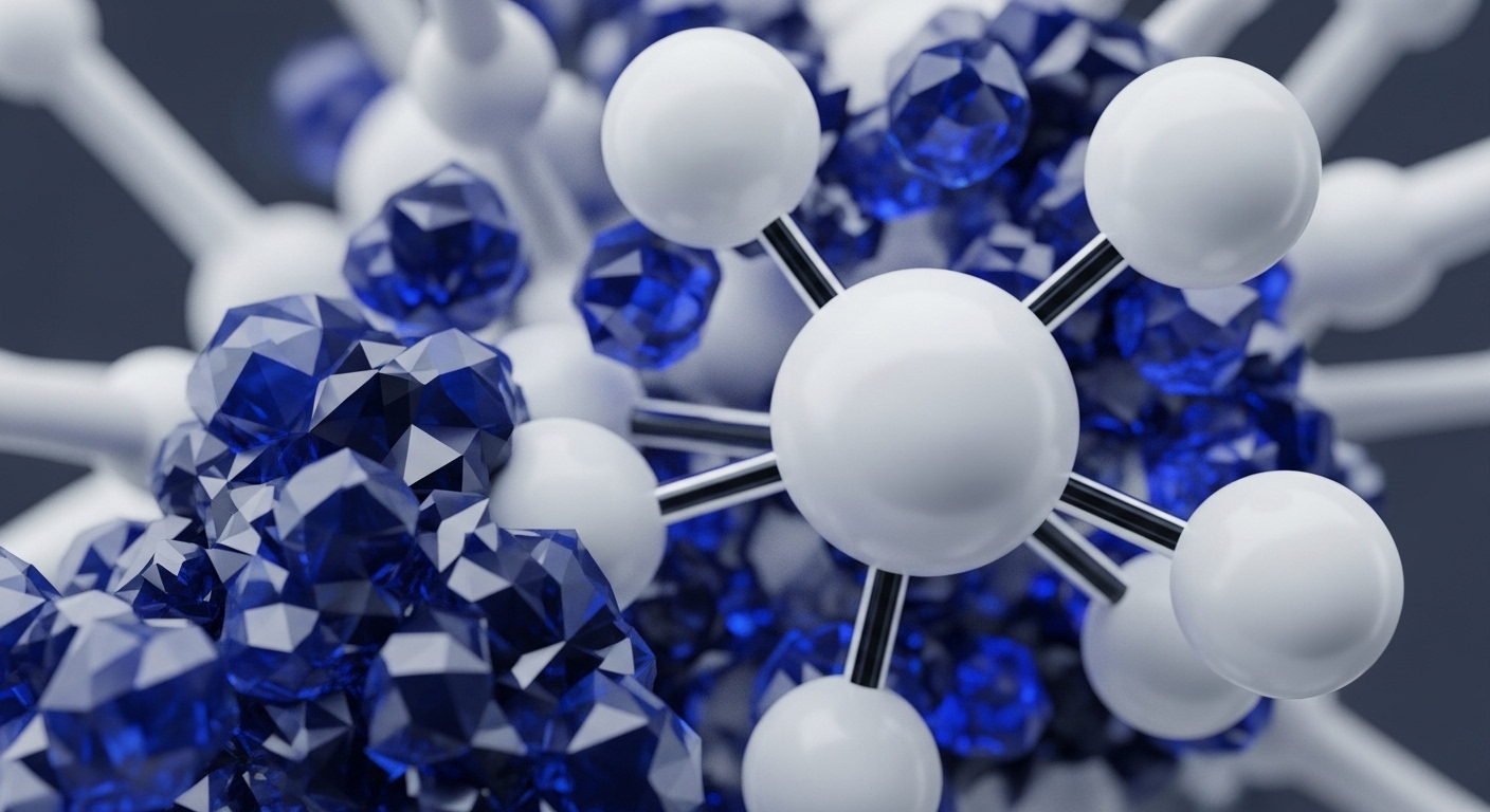 The image presents a central white spherical node surrounded by other white spheres, all interconnected by black rods, forming an intricate network. Numerous deep blue, faceted objects are densely packed around and within this structure