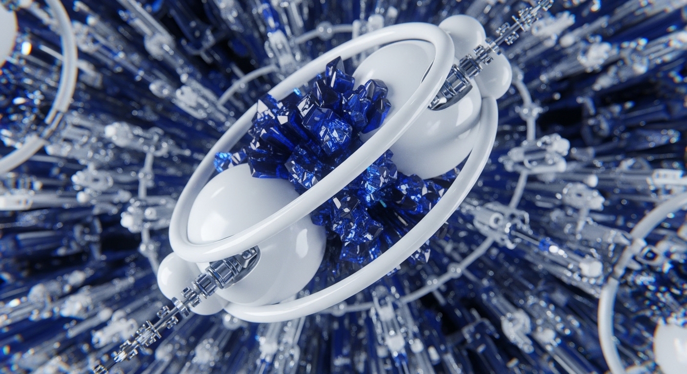 A prominent white, multi-spherical and ring-shaped apparatus dominates the foreground, housing a vibrant cluster of deep blue, faceted crystalline structures. This central assembly is surrounded by an expansive, blurred background composed of countless intricate, interconnected metallic components, extending into the distance